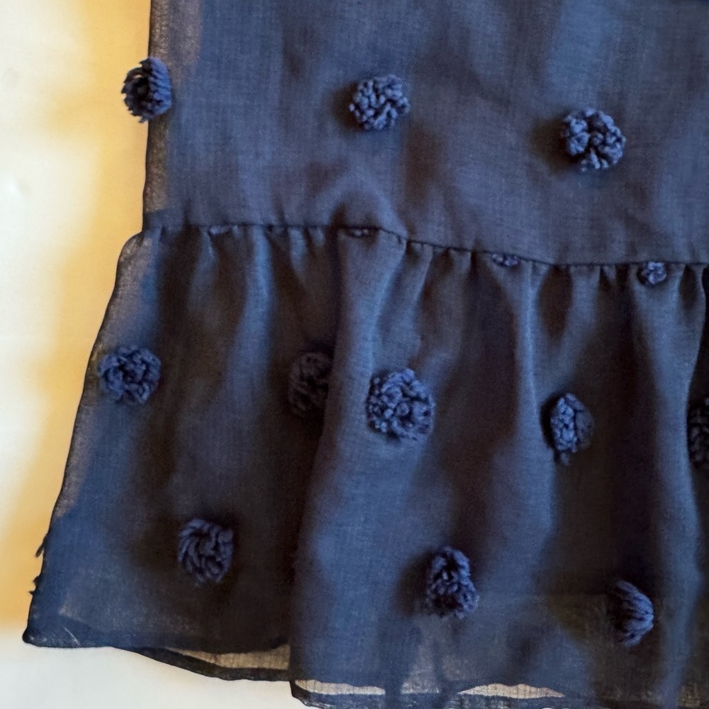 Entro Sheer Pom Pom Peplum Blouse | Navy | Size Large - Picture 2 of 4